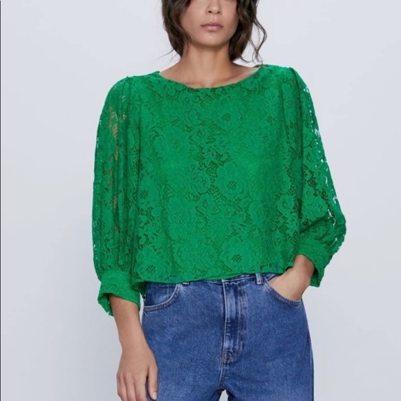 Zara green lace long sleeve blouse top - Picture 1 of 10